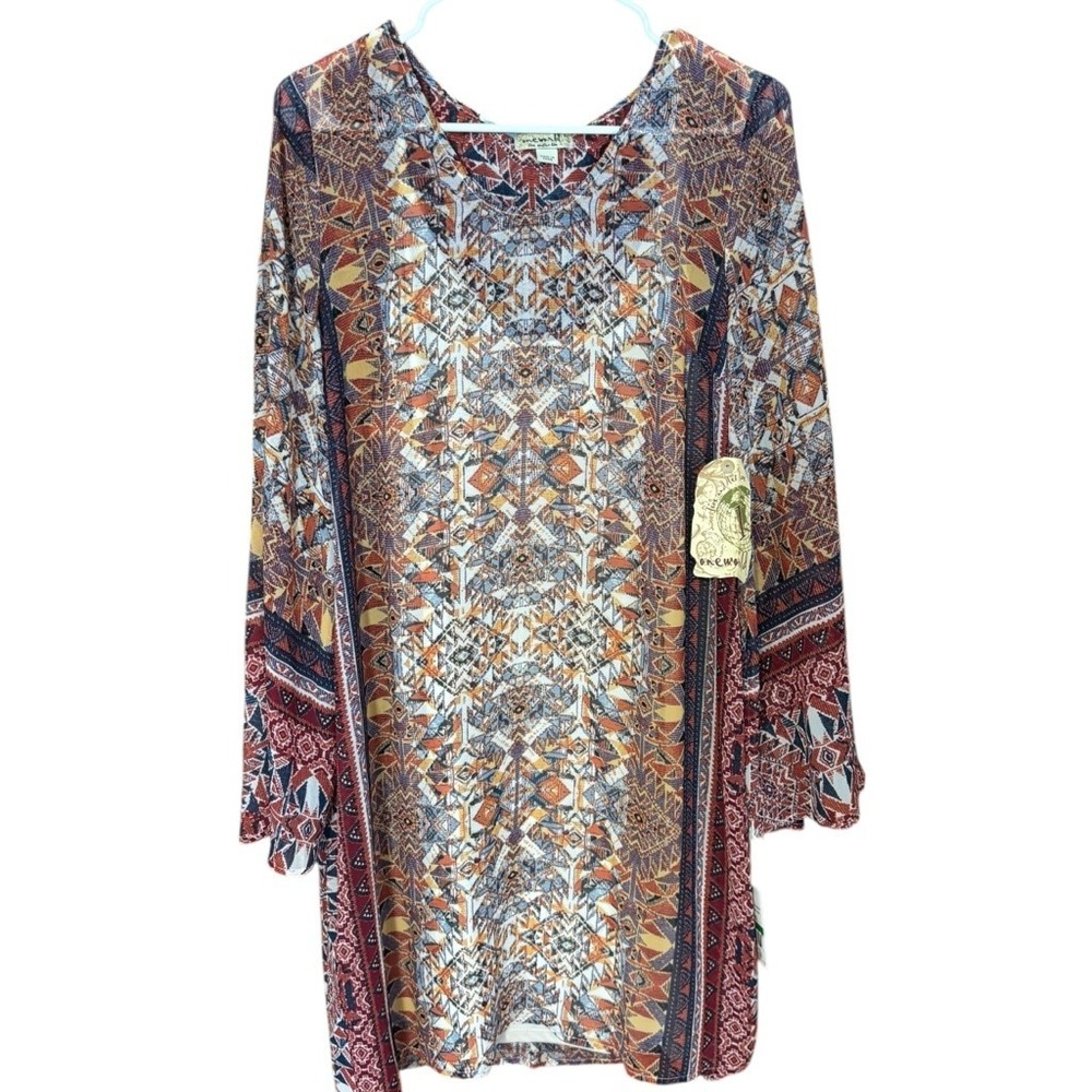 One World Tribal Print Tunic Dress** Boho Bell Sleeve Multicolor NWT Large